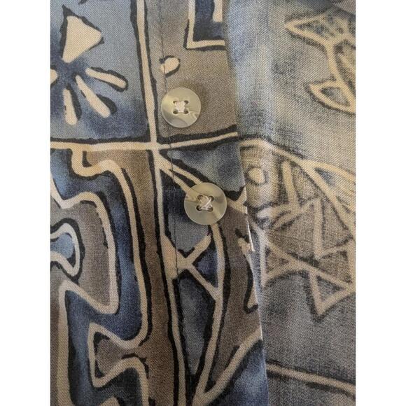 Campia Moda Hawaiian Shirt XL Rayon Blue Taupe Tribal Fish Camp Aloha - Picture 6 of 8